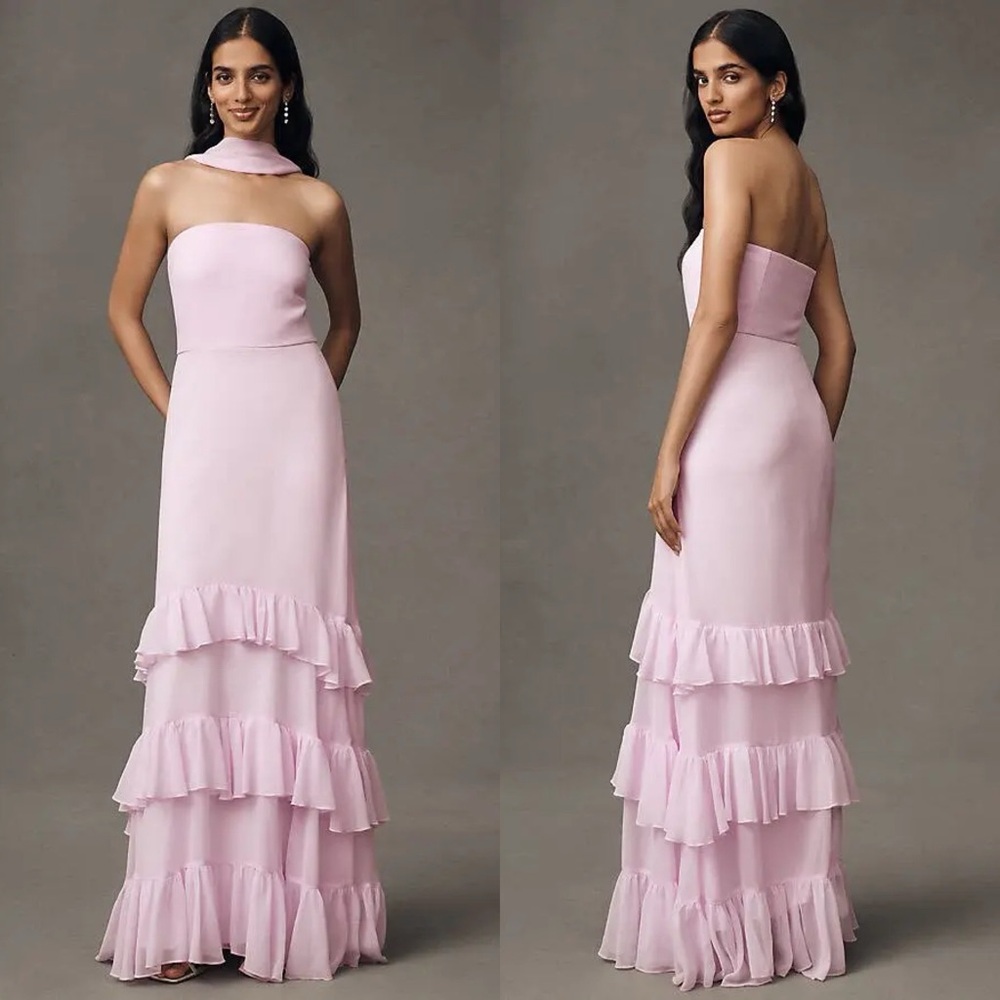 NWT Anthropologie BHLDN Scarf Neck Strapless Ruffle Tiered Maxi Dress
